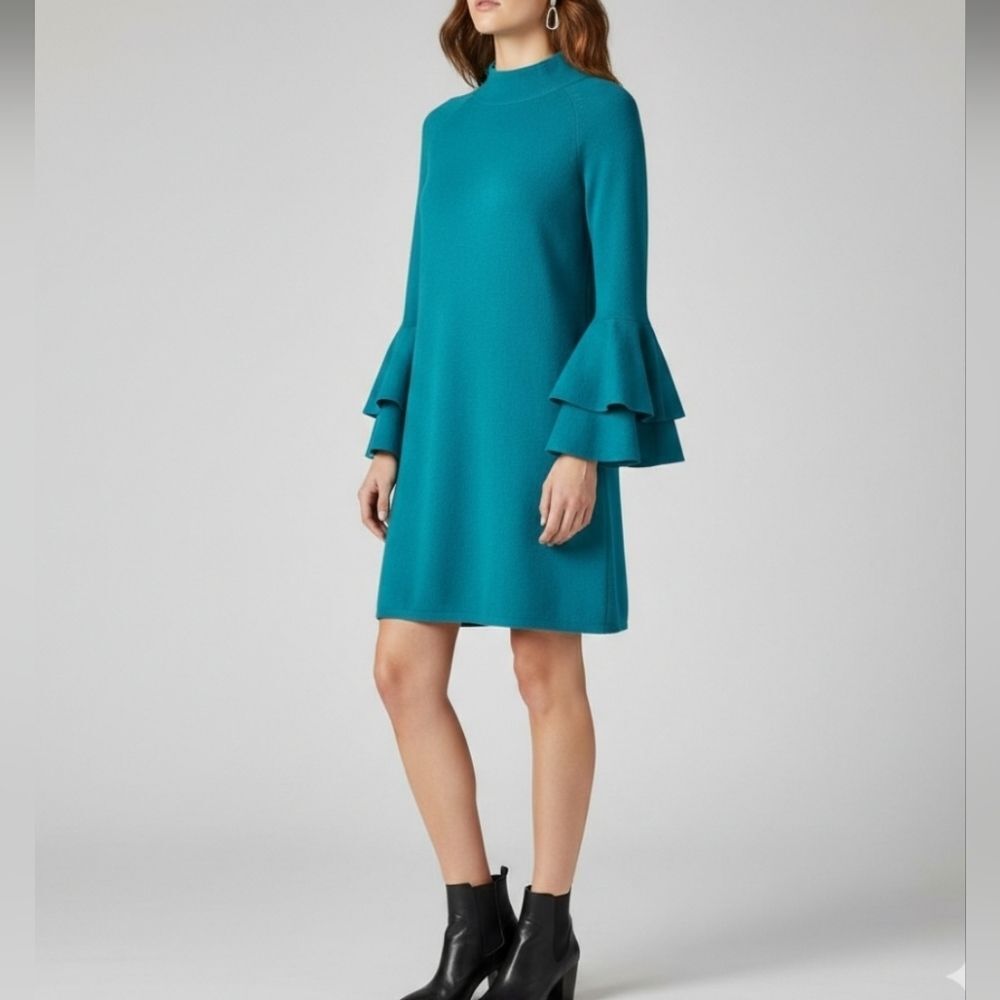 Anthropologie Teal Mock Neck Tiered Bell Sleeve Knit Shift Dress - Size XS